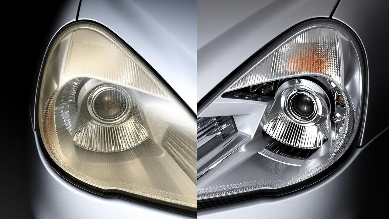 Before and after headlight restoration — one foggy oxidized headlight next to a clear restored headlight